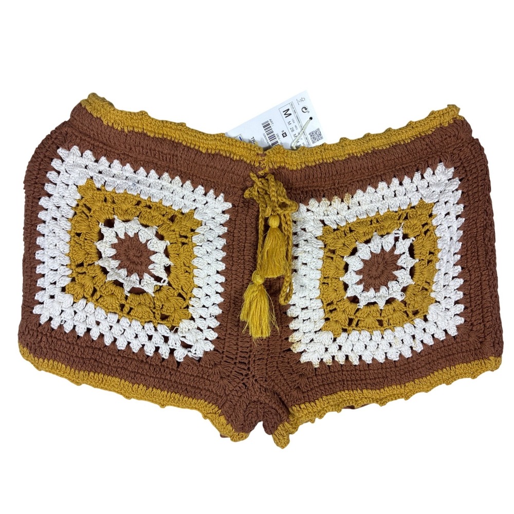 Zara Boho Crochet Shorts‎ Knit Festival Hippie Tie Waist Retro Womens Sz M